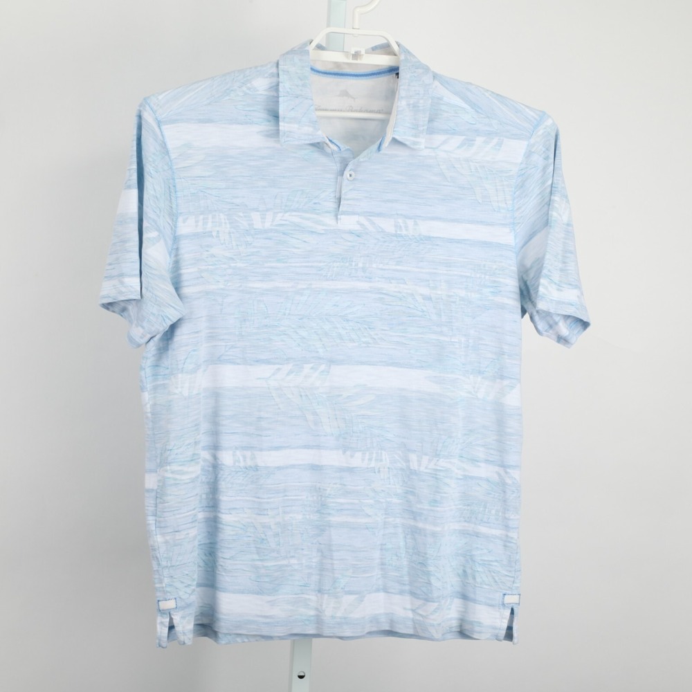 Tommy Bahama Polo Shirt Men Medium Blue Floral Palms Reverse Print Pima Cotton - Picture 2 of 11